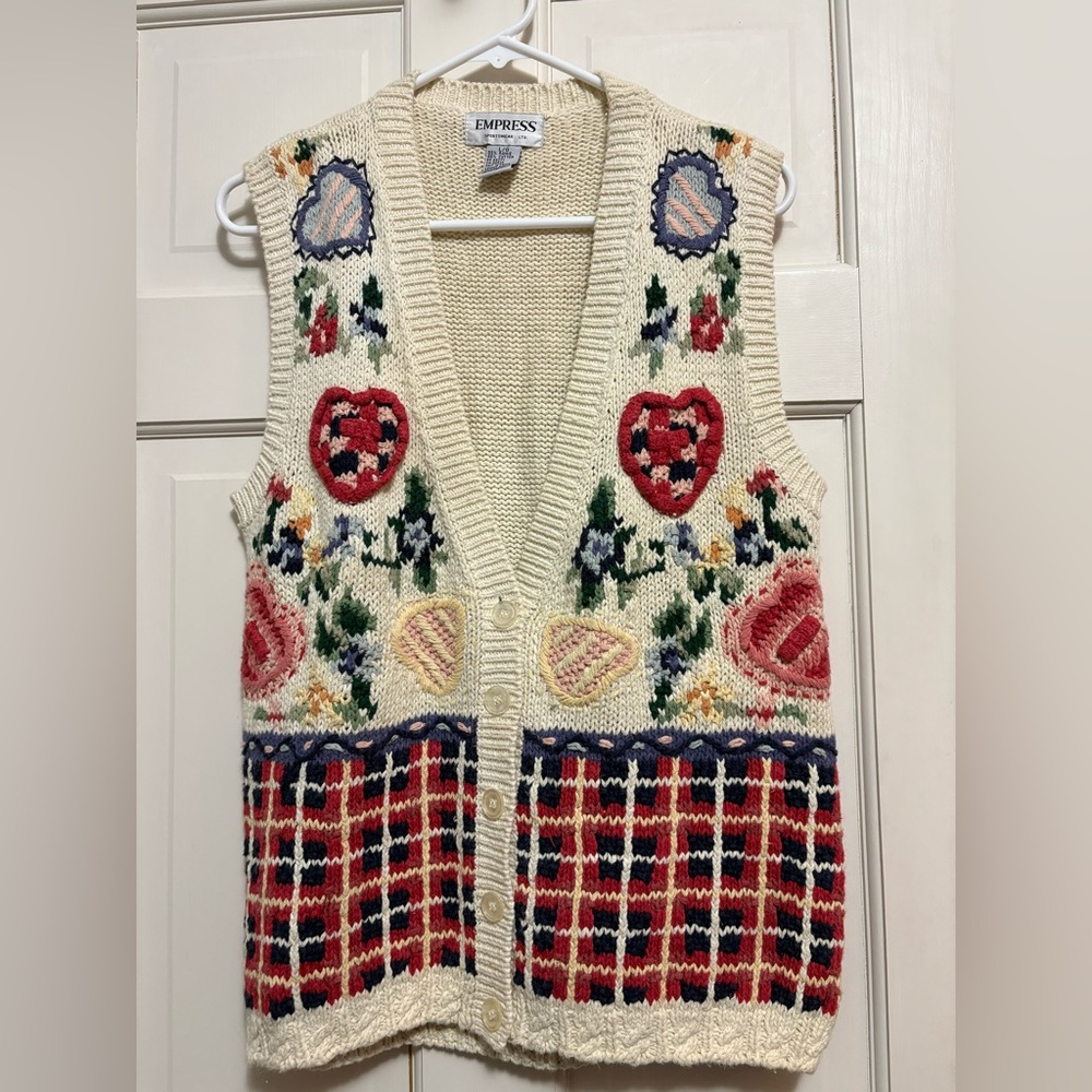 Empress Vintage Floral Hearts Ramie Sweater Vest L/G